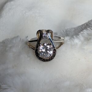 Large CZ Solitaire Statement Ring Silver Tone Two Tone Setting Size 8.75